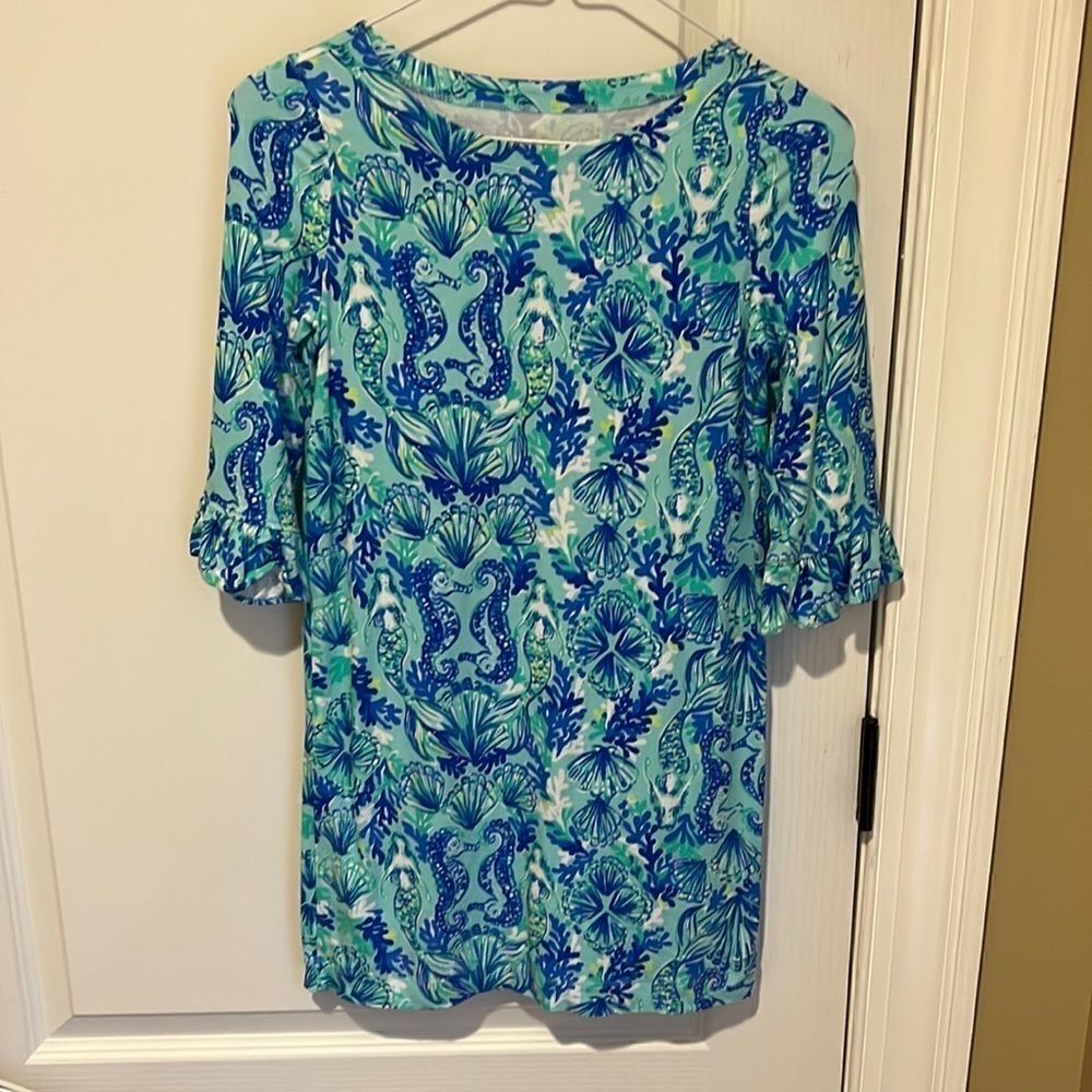 New Lilly Pulitzer UPF 50 Girls Mini Sophie Ruffle Dress Seeing Double Dress